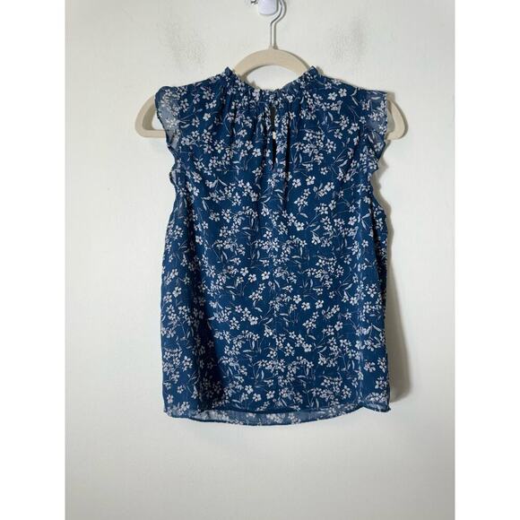 Banana Republic Blue Floral Flutter Sleeve High Ruffle Neck Blouse Sz XS - Picture 3 of 3